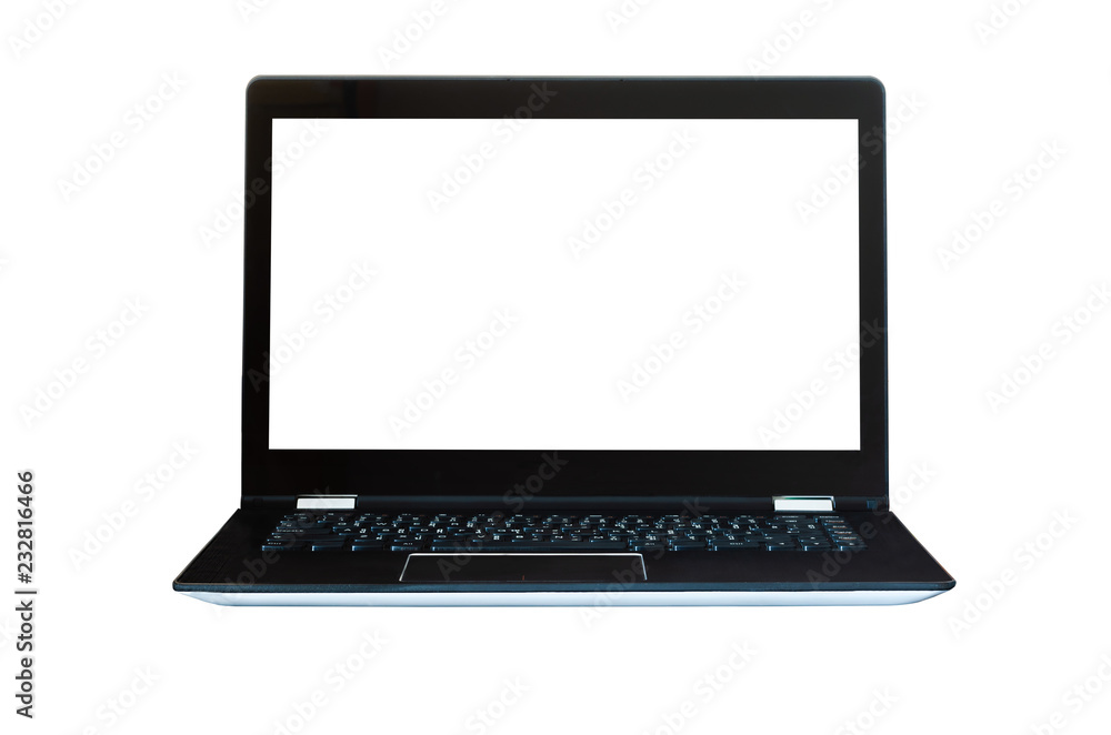 computer laptop open blank white screen isolated on white background with clipping path. computer laptop open blank white screen isolated on white background with clipping path.