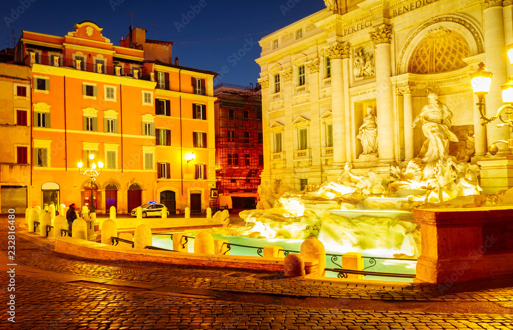 Fountain di Trevi in Rome at night, Italy, retro toned