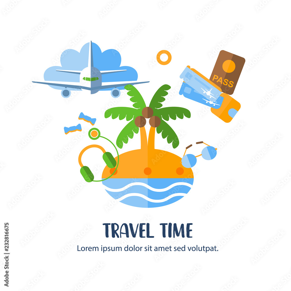 Vector illustration. Flat style icons of traveling on airplane or car, planning a summer vacation, tourism and journey objects and passenger luggage. Trip elements with text for banner. Vector illustration. Flat style icons of traveling on airplane or car, planning a summer vacation, tourism and journey objects and passenger luggage. Trip elements with text for banner.
