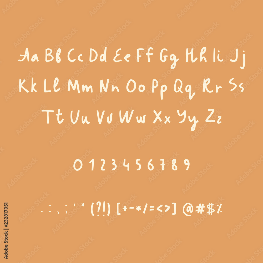 Hand drawn alphabet numbers and punctuation marks. Rustic font. Vector ABC
