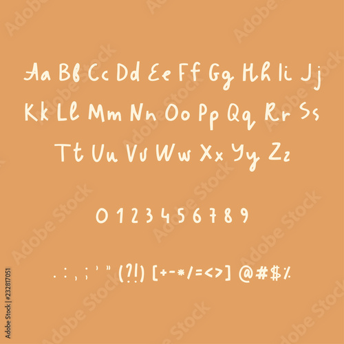Hand drawn alphabet numbers and punctuation marks. Rustic font. Vector ABC