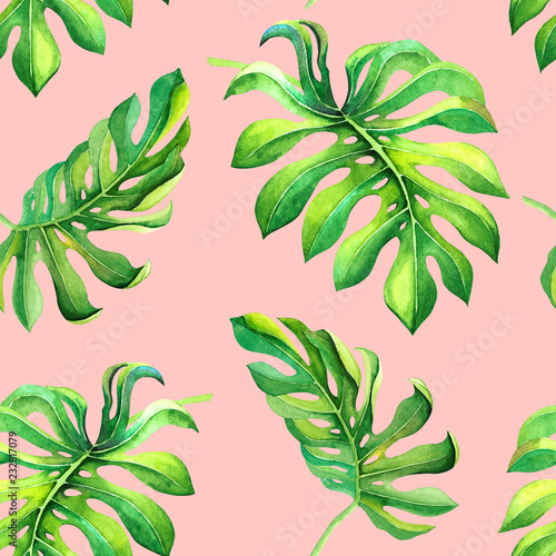 Artistic watercolor exotic green leaves on pink background. Seamless tropical pattern with monstera branch for decor  wrapping paper  wallpaper. Lush foliage print for wedding decoration  party  event