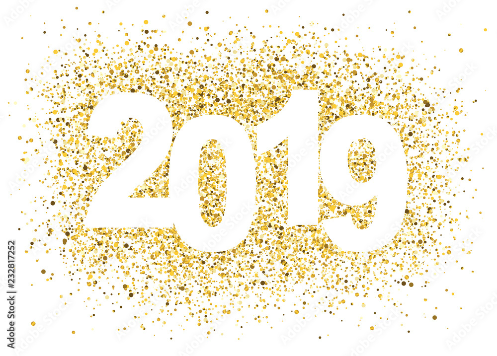 2019 Happy New Year background with golden glitter number. Christmas winter holidays design. Seasonal greeting card, calendar, brochure template.Vector 2019 Happy New Year background with golden glitter number. Christmas winter holidays design. Seasonal greeting card, calendar, brochure template.Vector