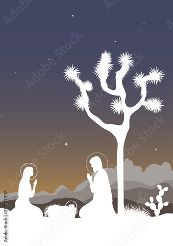 Saint family and the Joshua tree, cactus, and mountains background. Vector illustration photo