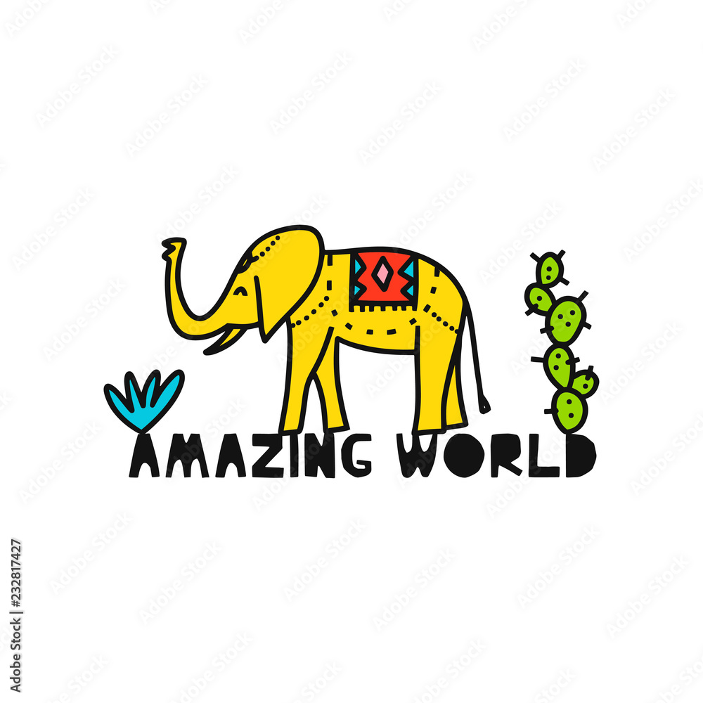 Obraz premium Travel card concept with elephant and text. Doodle style