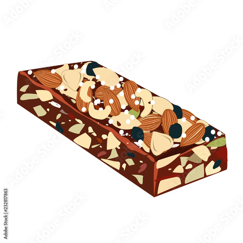 Energy bar with nuts which contain protein and healthy fat and honey which is high in natural carbs isolated on white backiground