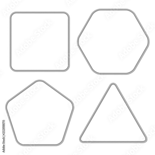 Set of gray white rope woven vector border, square vector frame, isolated on white background