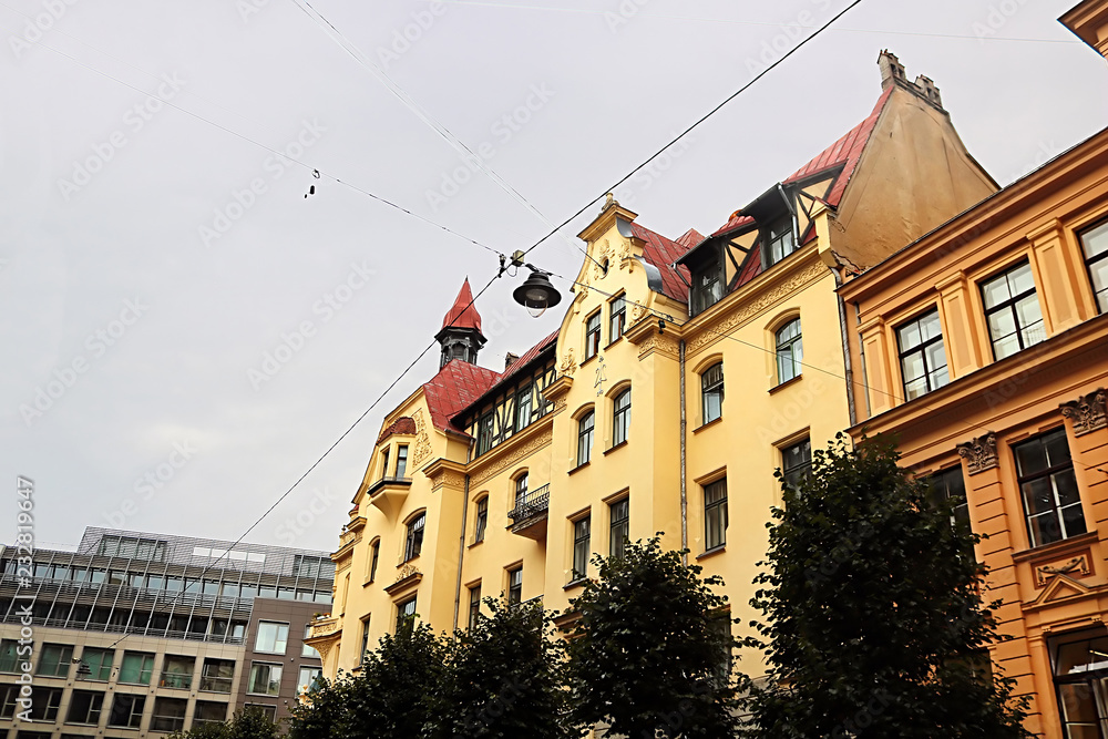 Obraz premium Art Nouveau architecture on a building facade in Riga, Latvia