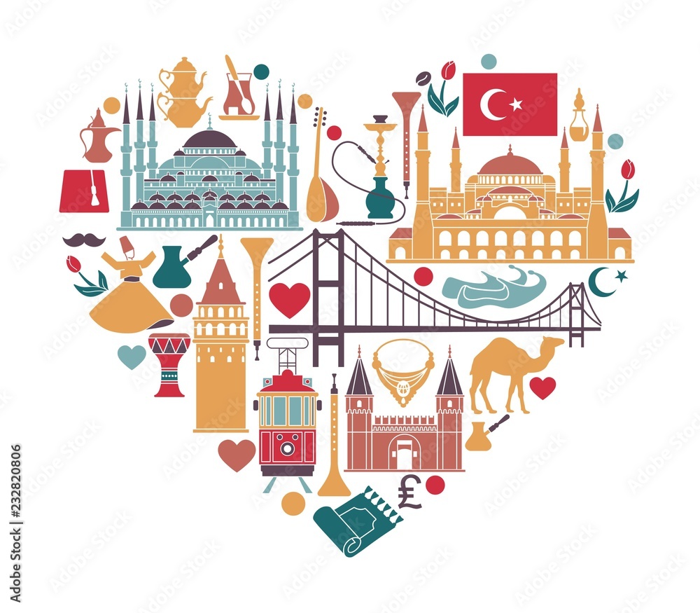 Obraz premium Traditional tourist symbols of Turkey in the form of heart
