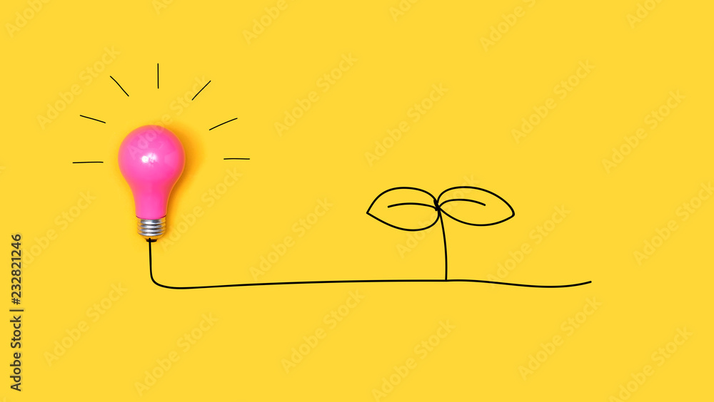 Young plant drawing with a light bulb on a yellow background - obrazy, fototapety, plakaty 