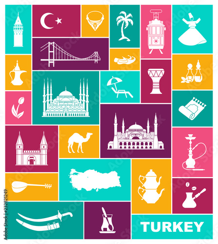 Set of country Turkey culture and traditional symbols. Collection of flat icons
