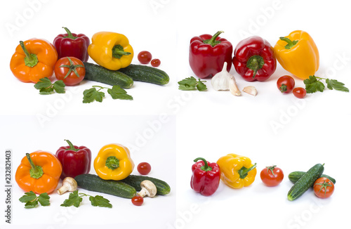Red yellow and orange peppers with tomatoes on a white background..Multicolored vegetables in a composition on a white background..