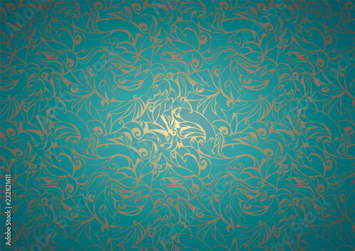 Vintage turquoise with gold background with floral elements and darkening to the edges in Gothic style. Royal texture, vector Eps 10