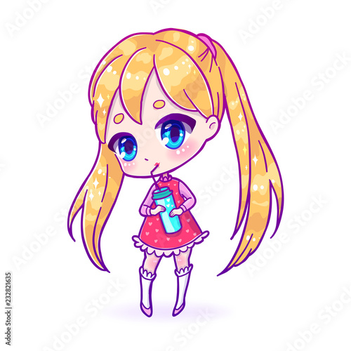 Cute vector illustration. Kawaii Anime girl. Big eyes.