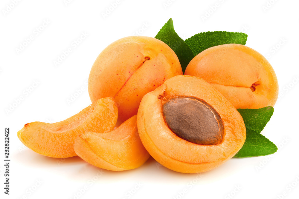 Apricot fruits with leaves isolated on white background macro