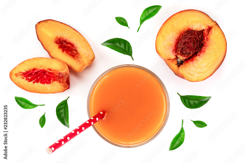 peach juice with leaves isolated on white background. Top view. Flat lay pattern