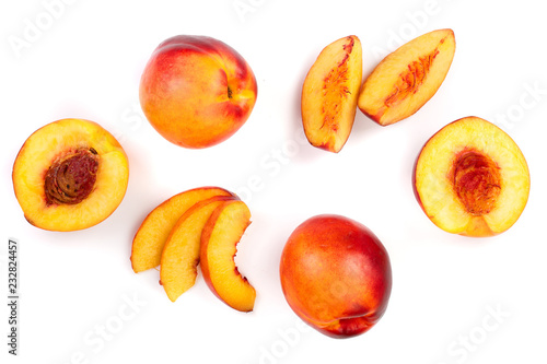 ripe nectarine isolated on white background. Top view. Flat lay pattern