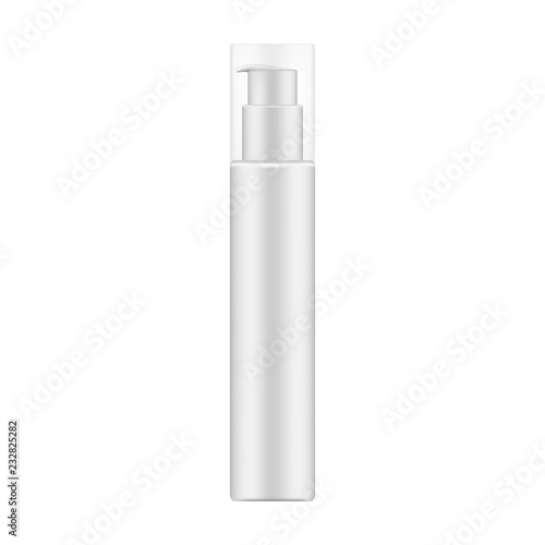 White cosmetic bottle with dispenser and clear transparent lid, mockup