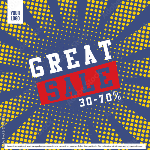 great sale pop art poster template in blue and yellow background