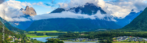 Panoramic view From Romsdalseggen on Andalsnes City, Mountain Landscape and Fjord View From Rampestreken, Rauma Municipality in More og Romsdal county, Norway. photo