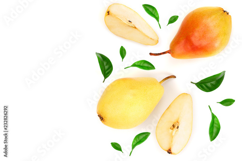 Fototapeta Naklejka Na Ścianę i Meble -  ripe red yellow pear fruits with leaves isolated on white background with copy space for your text. Top view. Flat lay pattern