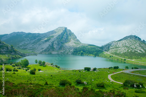 Beautiful nature of Spain: Covadonga mountain lakes in summer cloudy day.