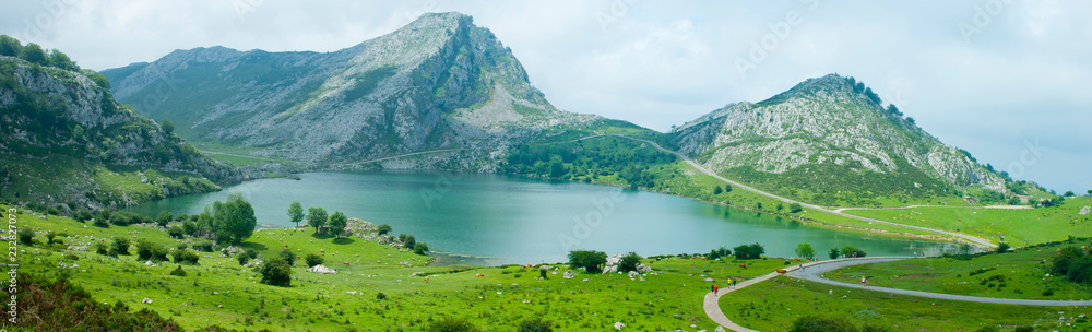 Beautiful nature of Spain: Covadonga mountain lakes in summer cloudy day.