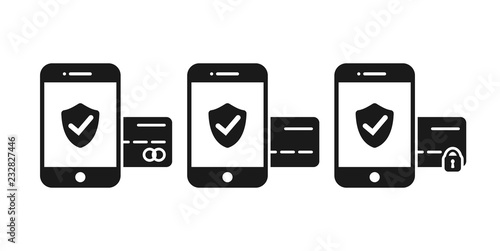 Smartphone payment glyph flat vector icon. Online banking secure and safe payment concept icon. Mobile phone with shield and credit debit card.