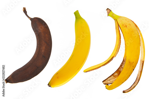 old dried black, fresh and banana peel isolated on white