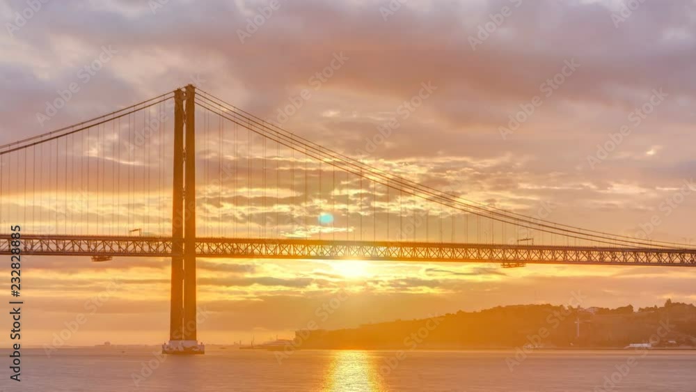 Lisbon city sunrise with April 25 bridge night to day timelapse