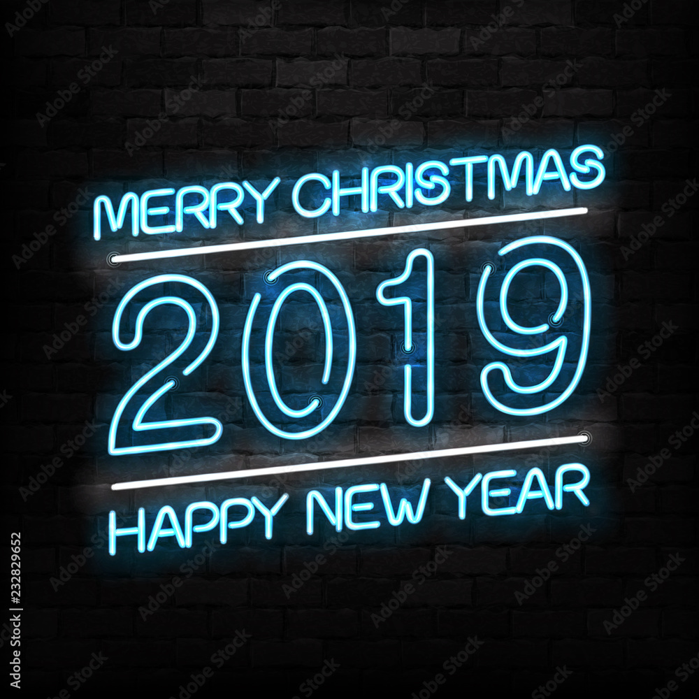 Vector realistic isolated neon sign of 2019 Merry Christmas logo for decoration and covering on the wall background. Concept of Happy New Year.