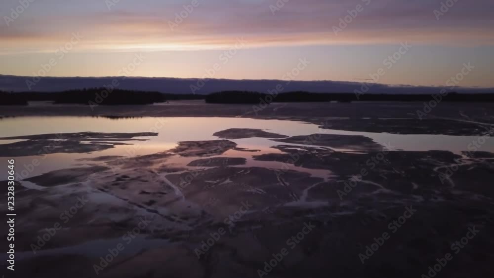 Aerial view of springtime sunset lake Aerial view of springtime sunset lake