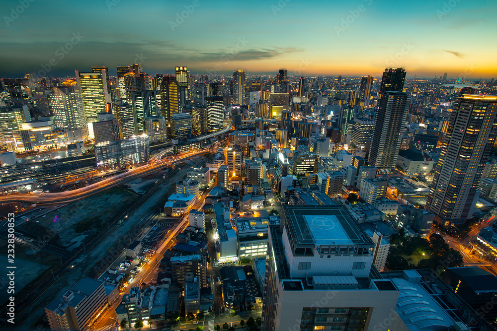 Fototapeta premium high angle view of osaka urban skyscraper at beautiful twilight sky