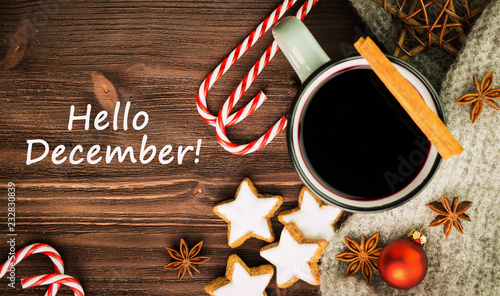 Winter theme. Hot steaming cup of glint wine with spices