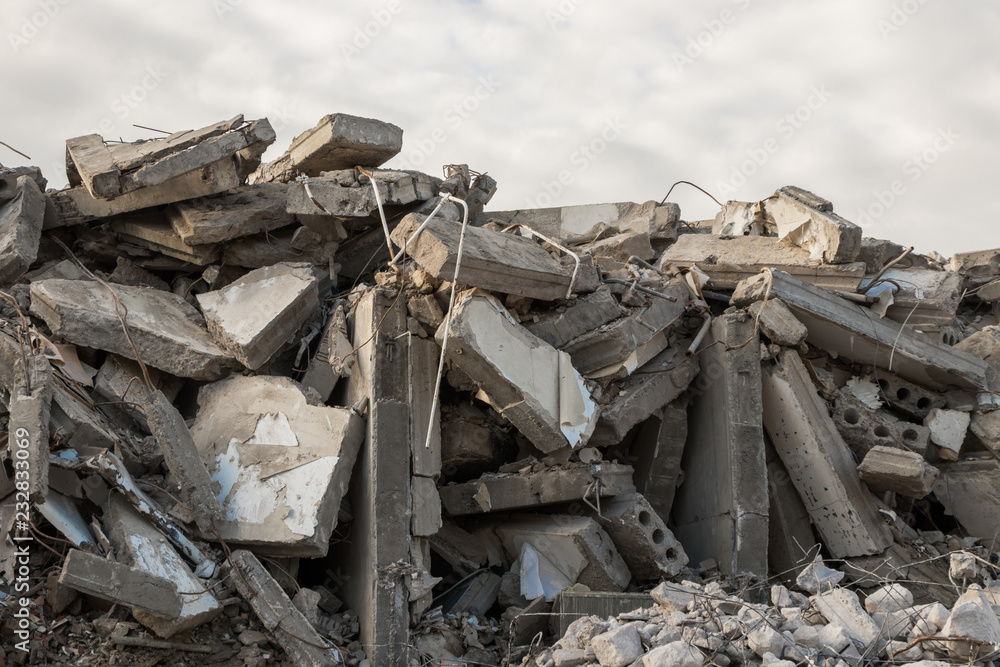 destroyed building - Concrete stone debris from destroyed building destroyed building - Concrete stone debris from destroyed building