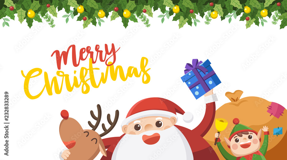 Merry Christmas And Happy New Year Greeting Card. Santa with elf and reindeer.