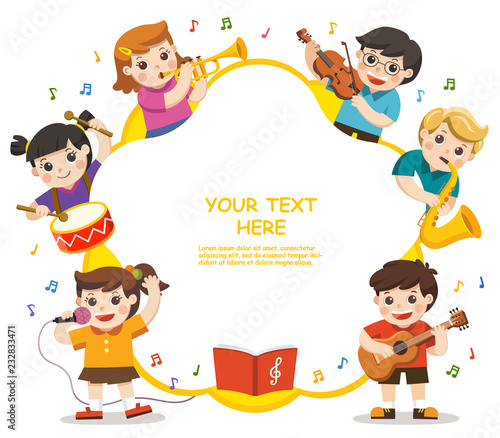 Music concept of children group. Kids playing musical instruments .Template for advertising brochure. Children look up with interest.