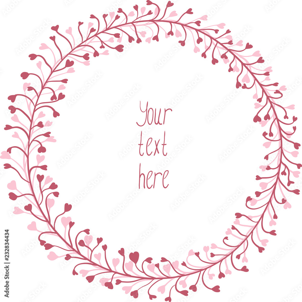 Hand Drawn pink wreath. Heart-shaped leaves Hand Drawn pink wreath. Heart-shaped leaves