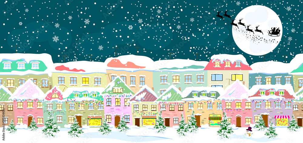 City in winter on Christmas Eve. Winter city landscape, seamless