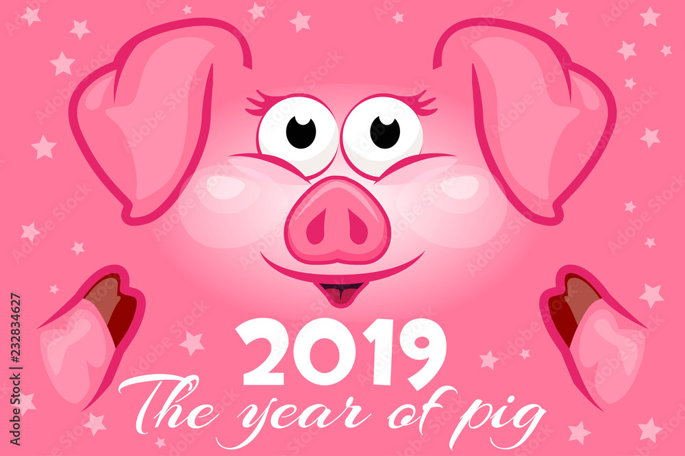 Cartoon greeting banner in the year of the pig. 2019 New Year. Vector illustration. Cartoon greeting banner in the year of the pig. 2019 New Year. Vector illustration.