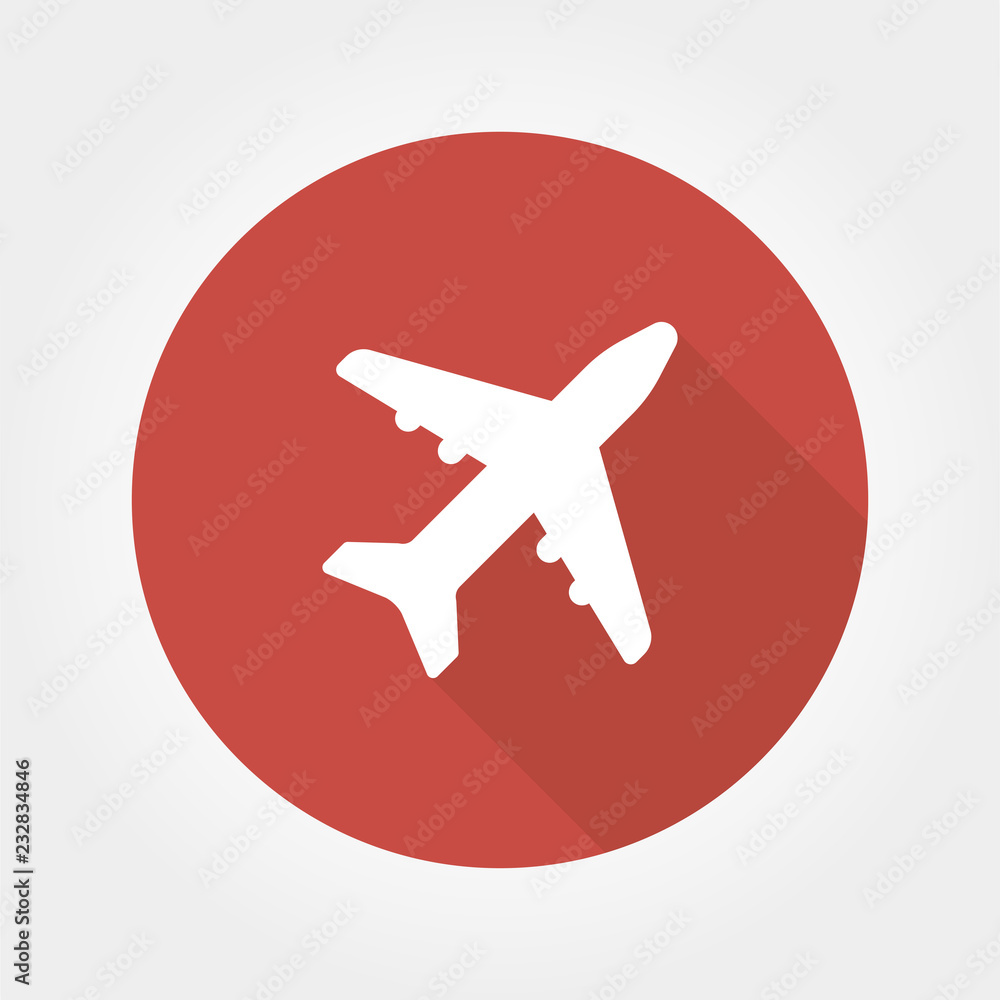 Flat Airplane web icon on red button with drop shadow