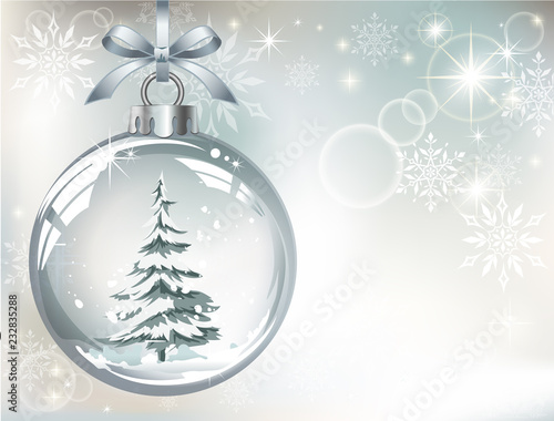 Greeting card with vector realistic transparent silver Christmas balls with snow and christmas tree  on a light abstract background