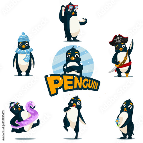 Collection of characters cartoon penguins. Vector illustration.