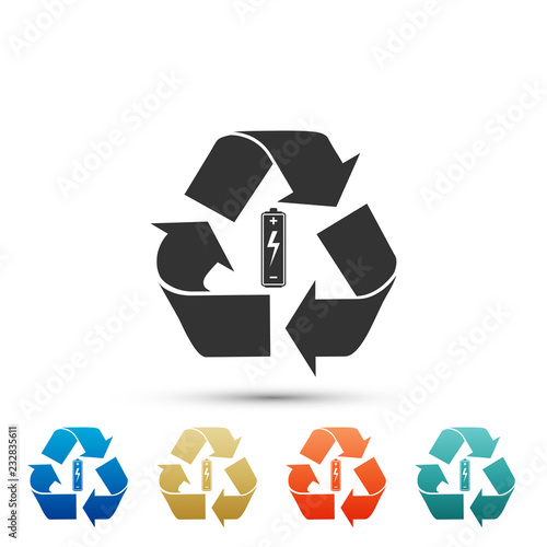 Battery with recycle symbol - renewable energy concept icon isolated on white background. Set elements in colored icons. Flat design. Vector Illustration