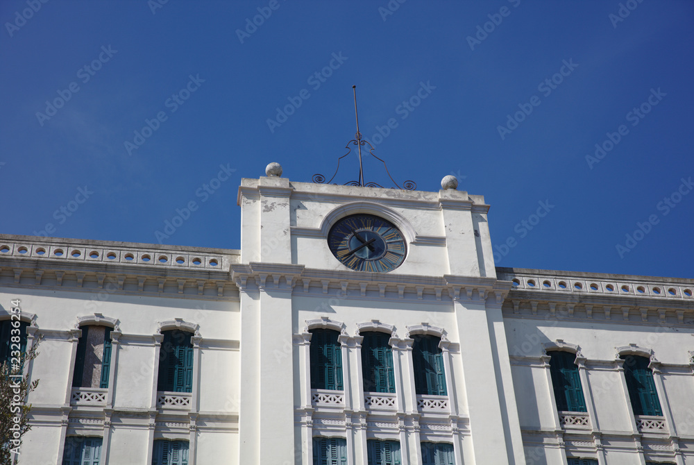 Clock on closed hotel building on Lido Island in Venice 4298