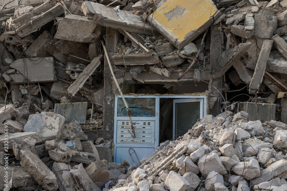 destroyed building - Concrete debris from destroyed building destroyed building - Concrete debris from destroyed building