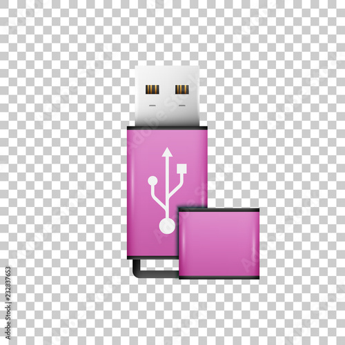 Realistic Pink USB flash drive isolated object on transparent background. Vector Illustration