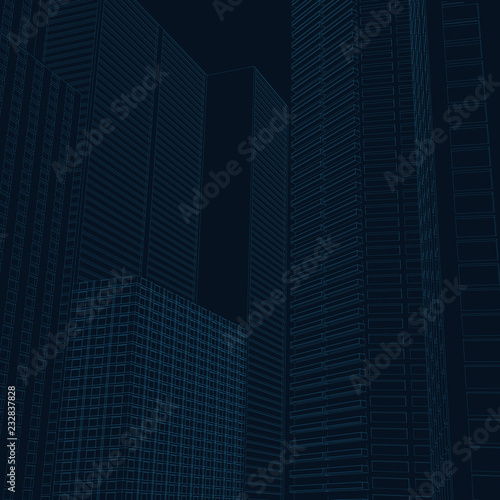 Perspective 3d architecture background with wireframe skyscrapers. Vector illustration.