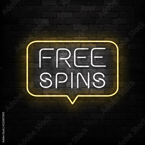 Vector realistic isolated neon sign of Free Spins logo for decoration and covering on the wall background. Concept of bonus and casino.