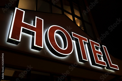 View of glowing hotel sign